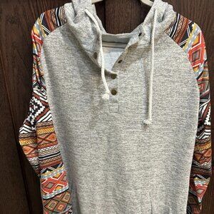 Women’s Sweater 2xl Gray Aztec Western Sleeves 1/4 Snap Button Pullover
